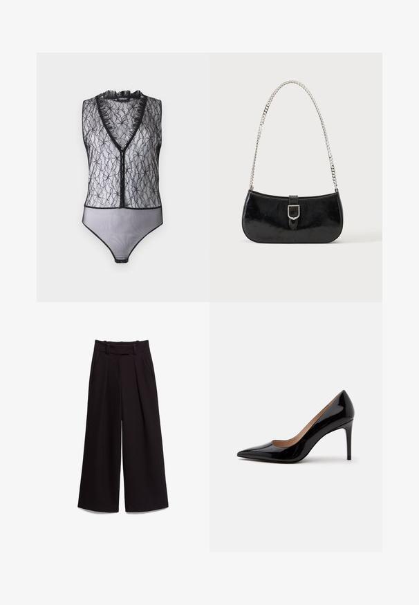Hofmann Copenhagen EXCLUSIVE MARY - Top - black; Čierne široké nohavice s vysokým pásom, prešívanými pútkami na opasok, bočnými vreckami a záhybmi na prednej strane, rozložené na bielom pozadí.; Čierna lakovaná lodička na vysokom podpätku s ostrou špičkou a ihličkovým podpätkom, zobrazená z profilu na jednoduchom bielom pozadí.; Čierna lakovaná kožená kabelka na rameno so striebornou prackou a strieborným reťazovým remienkom, zobrazená na jednofarebnom svetlom pozadí.