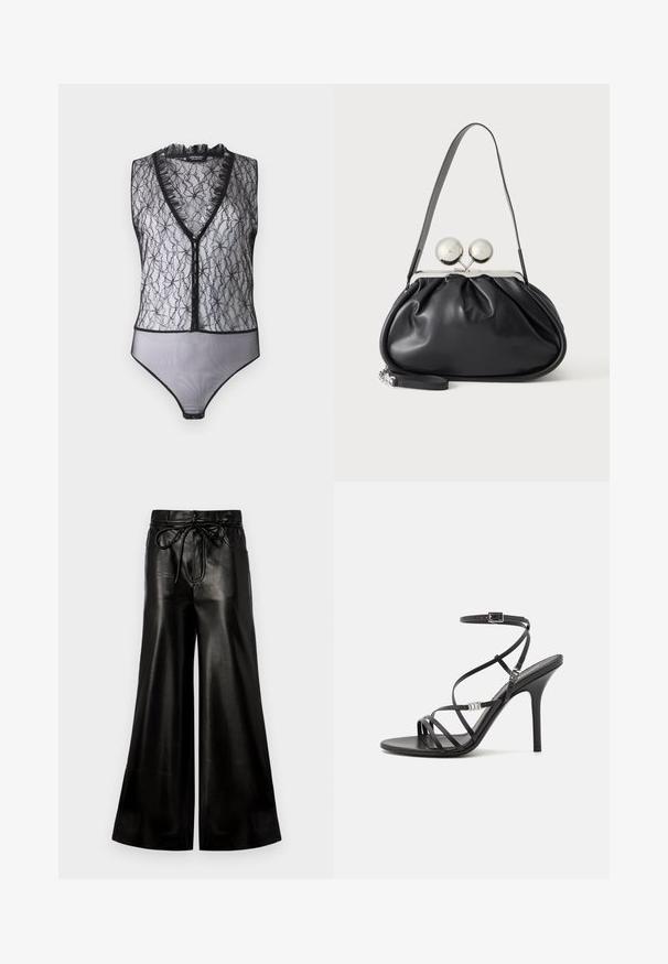 Hofmann Copenhagen EXCLUSIVE MARY - Top - black; Schwarze Leder-Hosen mit weitem Bein und Kordelzugbund. Glatte Textur, hohe Taille, lockere Passform, mit seitlichen Taschen und Knopfverschluss.; Schwarze High-Heel-Sandale mit dünnen Riemen, einem Knöchelverschluss, einer glatten Lederoberfläche und einem schlanken Stiletto-Absatz.; Schwarze Ledertasche mit gerafftem Design, einem einzelnen Riemen, silbernem Metallrahmen und zwei großen runden silbernen Verschlüssen.