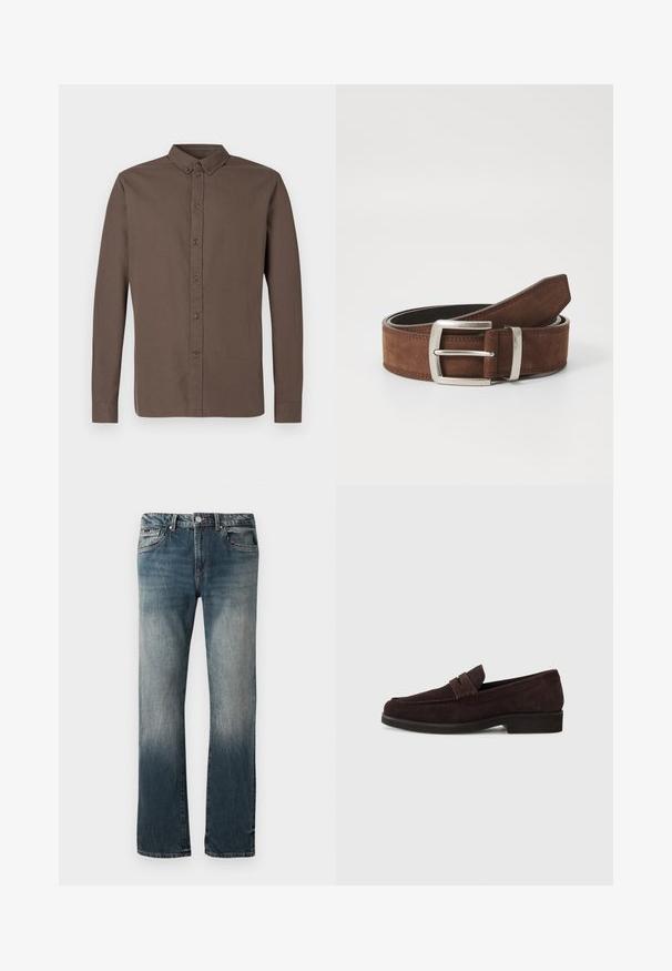 Camisa de manga larga de color marrón oscuro con cuello clásico, ocho botones frontales y una textura de tela suave y ligera.; Jeans de mezclilla azul de corte recto para hombre con lavado desgastado y diseño de cinco bolsillos sobre un fondo blanco.; Mocasines de ante marrón con un perfil bajo y punta redonda. Presentan una correa decorativa en la parte superior, suela plana de goma y sin costuras visibles.; Cinturón de ante marrón con hebilla de metal plateado y detalle de costuras lineales. El cinturón es plano y tiene un ancho y una forma clásicos.