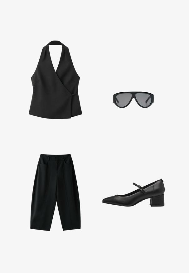 Haut cache-cœur noir sans manches avec encolure halter et détail noué sur le côté sur fond blanc.; Pantalon noir ample coupé au-dessus de la cheville avec poches avant et passants pour ceinture, présenté à plat sur fond blanc.; Bottine en cuir noir à talon bas avec un bout pointu, une bride aux chevilles et une finition texturée. Design simple avec un solide talon carré.; Lunettes de soleil aviateur noires oversize avec des verres teintés foncés, affichées sur fond blanc.