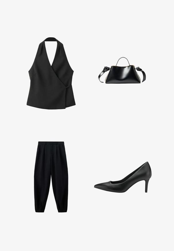 Top negro sin mangas cruzado con escote halter y detalle de lazo lateral sobre fondo blanco.; Pantalones negros de cintura alta y corte cónico con pliegues en la cintura y los bajos, y bolsillos laterales, mostrados sobre un fondo blanco.; Zapato de tacón alto de cuero negro con punta afilada, que presenta un diseño recortado y un tacón de aguja delgado. Textura suave y silueta elegante.; Bolso de mano negro de cuero con un diseño estructurado y angular, que presenta un asa superior y una correa de hombro ajustable. Textura suave y detalles mínimos.
