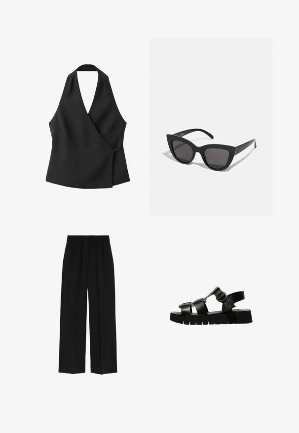 Top negro sin mangas cruzado con escote halter y detalle de lazo lateral sobre fondo blanco.; Marks & Spencer WIDE - Pantalones - black; Sandalia negra con suela de plataforma gruesa, tiras anchas, hebilla ajustable y un diseño minimalista con textura suave.; Gafas de sol negras en forma de ojo de gato con un acabado mate, que presentan lentes ahumados grises, ángulos pronunciados y brazos laterales elegantes. Nombre de la marca visible en el interior del brazo.