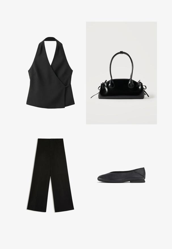 Haut cache-cœur noir sans manches avec encolure halter et détail noué sur le côté sur fond blanc.; Pantalon noir à jambes larges avec passants de ceinture, fermeture devant par bouton et zip, posé à plat sur fond blanc.; Chaussure plate en cuir noir avec un bout rond et un petit talon, conçue pour une utilisation décontractée ou formelle.; Petit sac à main noir brillant avec deux longues anses et des détails à cordon sur les côtés sur un fond clair uni.