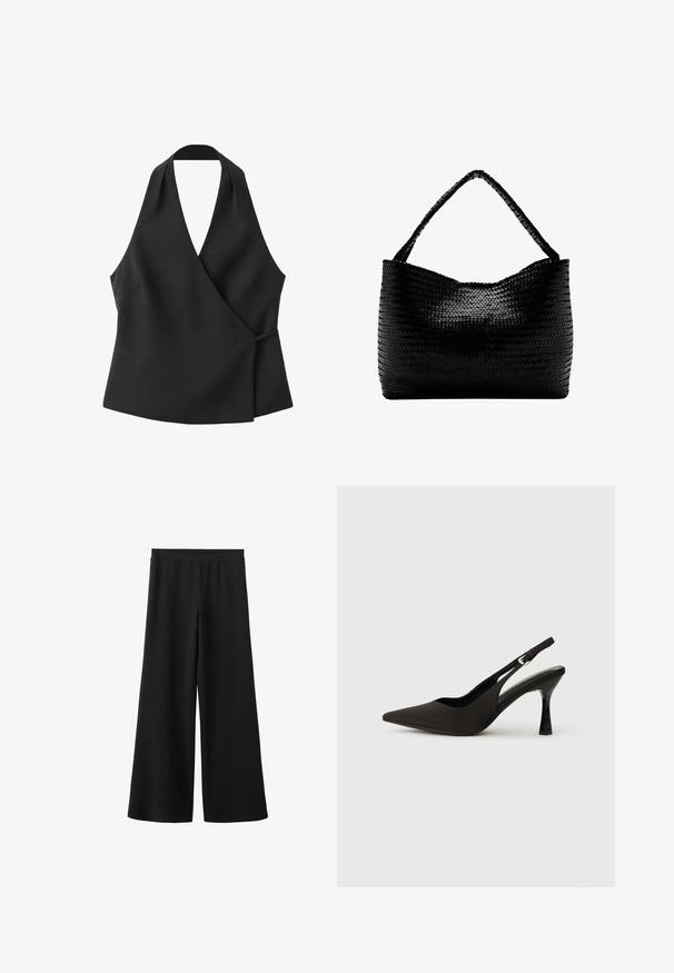 Haut cache-cœur noir sans manches avec encolure halter et détail noué sur le côté sur fond blanc.; Pantalon noir à jambes larges en tissu doux, avec une taille haute sans attaches ni poches visibles. Texture lisse sur toute la surface.; Chaussures à talons noires avec une bride, à bout pointu, finition mate lisse et talon fin brillant. Sangle ajustable avec petit détail de boucle.; Sac à main tissé noir avec une anse unique tressée, forme rectangulaire et surface texturée brillante.
