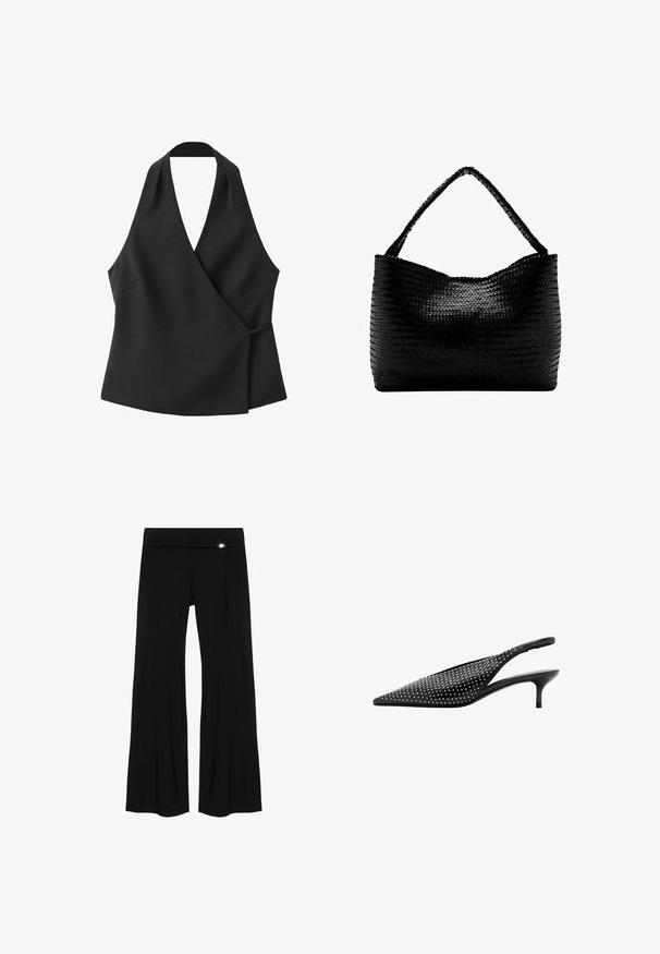 Top negru fără mâneci cu închidere tip wrap, guler halter și detaliu cu fundă laterală pe fundal alb.; Pantaloni negri cu picior larg și talie înaltă, cu o centură subțire din șnur legată în partea dreaptă cu un mic detaliu argintiu.; Pantof negru cu vârf ascuțit, cu bareta slingback și toc mic tip kitten, împodobit cu ținte argintii pe partea superioară.; Geantă neagră țesută, cu un singur mâner împletit, formă dreptunghiulară și suprafață lucioasă texturată.