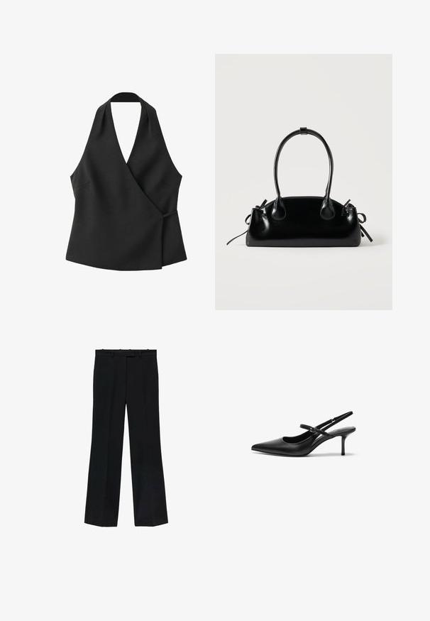 Top negro sin mangas cruzado con escote halter y detalle de lazo lateral sobre fondo blanco.; Pantalones negros con un diseño de pierna recta, fabricados en tejido suave. Presentan una cinturilla con pasadores para cinturón y sin marcas ni adornos visibles.; Zapatos de tacón slingback de cuero negro con punta afilada, correa ajustable delgada y un tacón de aguja de aproximadamente 5 cm, textura suave.; Pequeño bolso negro brillante con dos asas largas y detalles de cordón lateral sobre un fondo claro liso.
