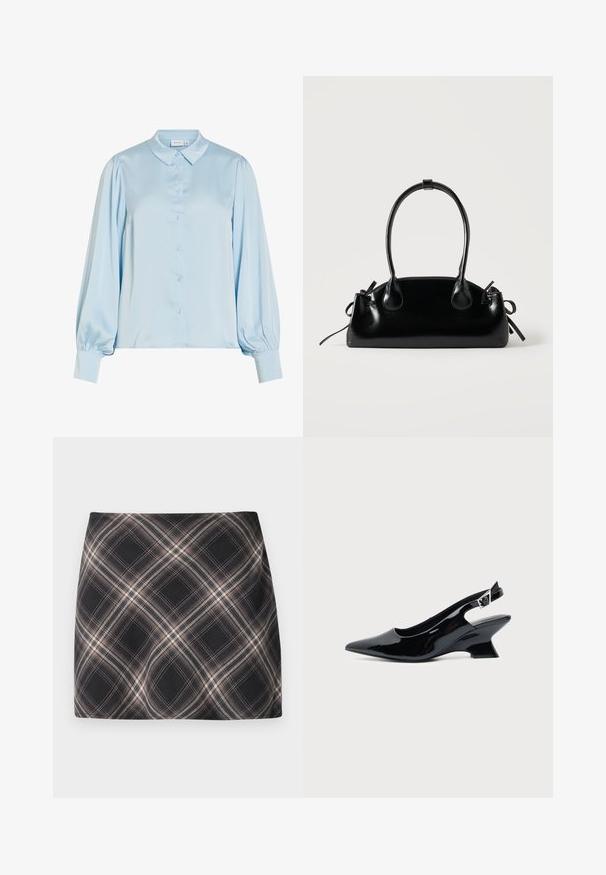 Blouse en satin bleu clair à manches longues, avec boutonnière devant, col pointu, manches bouffantes et larges poignets.; Jupe mini à carreaux noir et beige avec un motif à checks diagonal, taille ajustée et texture de tissu lisse.; Chaussure slingback en cuir verni noir avec bout pointu et petit talon bloc incliné sur fond clair uni.; Petit sac à main noir brillant avec deux longues anses et des détails à cordon sur les côtés sur un fond clair uni.