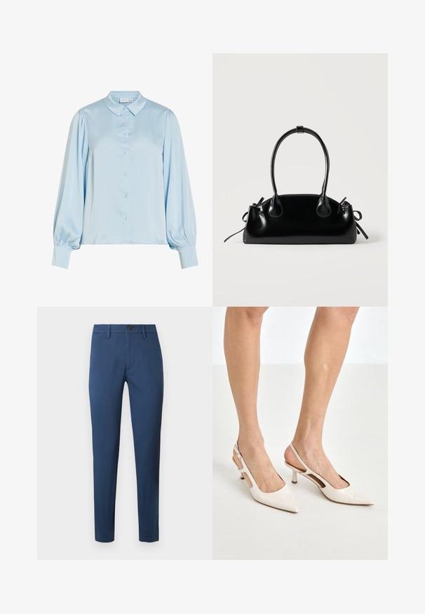 Lyseblå satinbluse med lange ærmer, knaplukning foran, spids krave, pufærmer og brede manchetter.; Blå bomulds chinos med slim fit, der har knaplukning, bæltestropper og standard lommer, glat tekstur og rene linjer.; Beige patenterede læder slingback hæle med spids tå og 5 cm hæl, med udskårne sider og en tynd ankelrem.; Lille sort blank håndtaske med to lange håndtag og snøre-detaljer i siden på en ensfarvet lys baggrund.