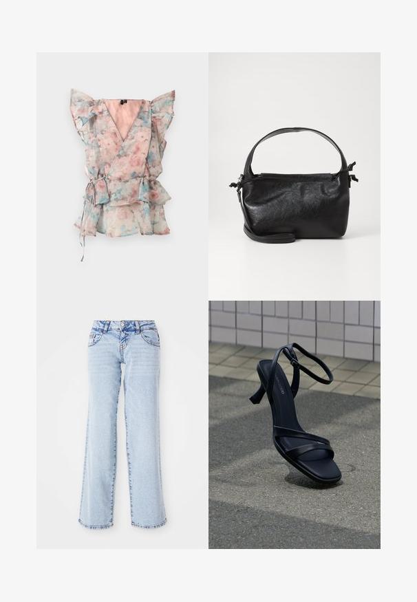Blomsterindsat top i let, gennemsigtigt stof med pastelfarver i pink, blå og grøn. Volangærmer og detaljer med bindebånd i taljen.; Lyseblå denimjeans med en afslappet pasform, lige ben og subtilt slid. Har fem lommer og bæltestropper. Distressed kantdetalje.; Sort højhælet sandal med stropper og ankelspænde, der svæver over tekstureret gråt fortov med flisebelagt væg i baggrunden.; Sort læderhåndtaske med et struktureret design, rund tophåndtag og aftagelig skulderrem. Den har en glat tekstur og en subtil glans.