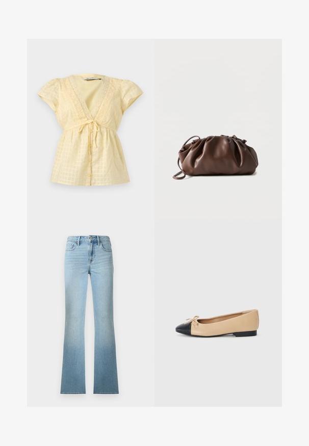Blouse short jaune pâle à manches courtes avec encolure en V, bordure en dentelle, boutons à l'avant, ceinture à nouer à la taille et motif à carreaux discret.; Jean denim bleu clair taille haute à jambes droites avec poches avant et arrière, fermeture à boutons et passants pour ceinture.; Ballerines en cuir beige avec un bout noir, dotées d'un petit nœud sur le devant et d'un petit talon en caoutchouc noir.; Sacoche en cuir marron doux avec un haut froncé et une fine bandoulière, posée sur un fond blanc.