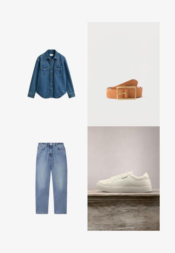 Blauw spijkeroverhemd met lange mouwen, kraag, drukknoopsluiting aan de voorkant en twee borstzakken met klep, weergegeven tegen een effen witte achtergrond.; Lichtblauwe jeans met hoge taille en rechte pijpen, met vooraanknoping, ritssluiting en ontwerp met vijf zakken op een witte achtergrond.; Witte leren sneaker met veters die boven een houten bank zweeft, met groen lang gras dat op de achtergrond vervaagd is in de buitenlucht.; Lichtbruine leren riem opgerold met een rechthoekige messing gesp, plat liggend op een lichtgrijze ondergrond.