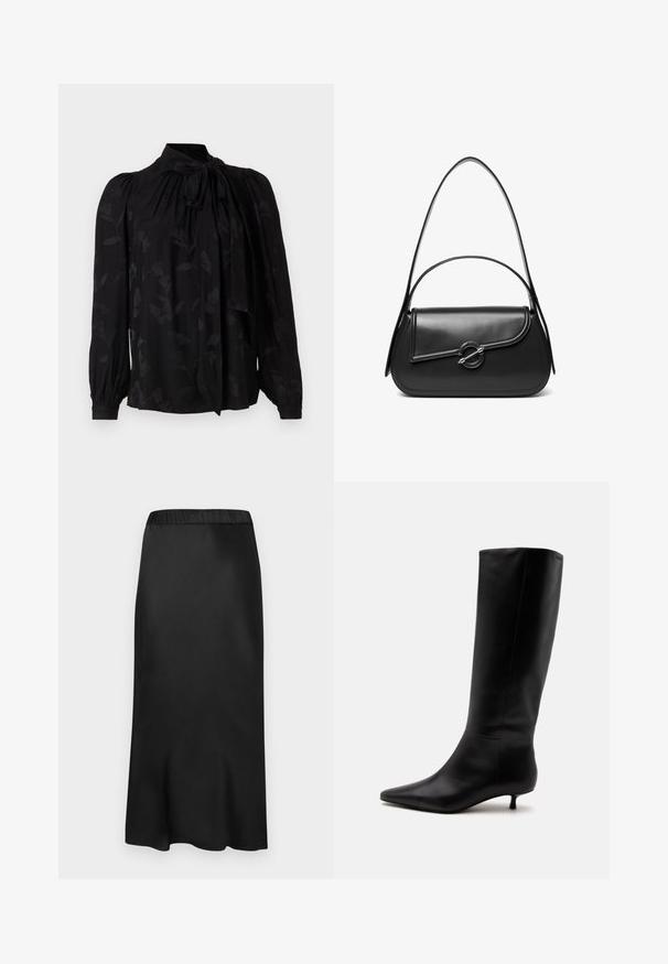 Blouse noire avec un col haut et un détail de cravate. Présente un motif floral subtil et des manches longues bouffantes avec des poignets froncés. Texture lisse.; Jupe midi noire en satin avec une taille élastique. Texture lisse et design sobre, se rétrécissant légèrement à l'ourlet pour une silhouette fluide.; Botte noire en cuir jusqu'au genou avec bout pointu et petit talon kitten sur un fond clair uni.; Sac à bandoulière en cuir noir avec un rabat incurvé fermé par un fermoir métallique rond et une sangle fine et ajustable.