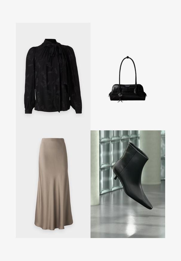 Sort bluse med høj krave og bindedetalje. Har et subtilt blomstermønster og puffede lange ærmer med sammensnørede manchetter. Glat tekstur.; Lang brun satin nederdel med en glat tekstur, der har en flydende silhuet og en let udvidet kant. Ingen synlig hardware eller mønstre.; Sort læderankelstøvle med spids tå og lav kitten-hæ, vist vinklet mod en poleret gulv- og glasblokvæg.; Sort skuldertaske i krokodillelæder med lange stropper og lille sølvlogo-charm på den ene strop.