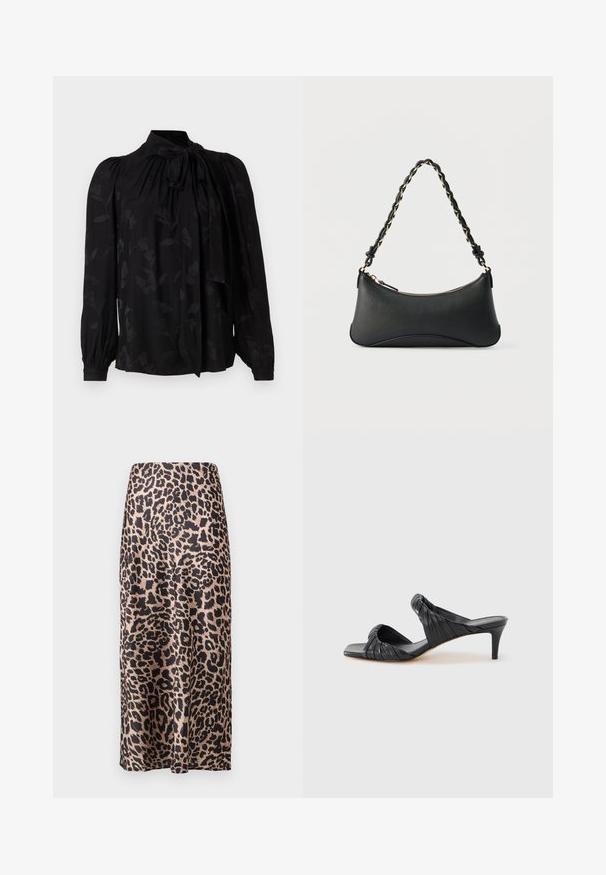 Sort bluse med høj krave og bindedetalje. Har et subtilt blomstermønster og puffede lange ærmer med sammensnørede manchetter. Glat tekstur.; Leopardprint satin nederdel med høj talje, knælang silhuet, blank tekstur og en flydende design.; Sorte hælede sandaler med firkantet tå, lavet af glat læder. Har samlet remme og en slank hæl for ekstra højde.; Sort skuldertaske i læder med en buet rektangulær form, gyldent kæde vævet ind i en flettet sort rem og toplynlås.