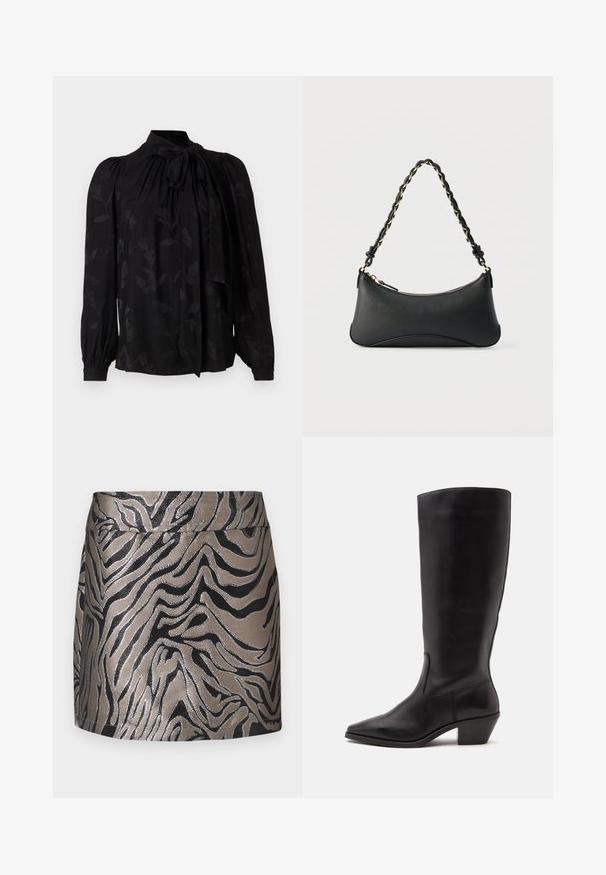 Blouse noire avec un col haut et un détail de cravate. Présente un motif floral subtil et des manches longues bouffantes avec des poignets froncés. Texture lisse.; Mini-jupe métallisée argent et noire avec un motif zèbre, au toucher lisse et au design ajusté. Large ceinture en haut.; Botte en cuir noire mi-mollet avec un bout pointu et un talon bas incliné sur un fond clair uni.; Sac à bandoulière en cuir noir de forme rectangulaire incurvée, avec une chaîne dorée tissée dans la bandoulière noire tressée et une fermeture éclair sur le dessus.