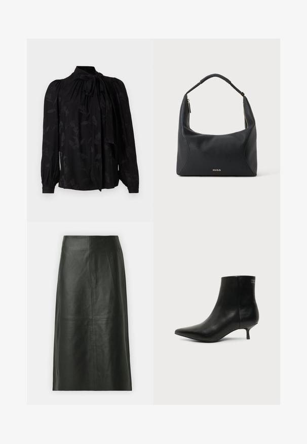 Blouse noire avec un col haut et un détail de cravate. Présente un motif floral subtil et des manches longues bouffantes avec des poignets froncés. Texture lisse.; Jupe midi en cuir noir avec une coupe droite. Texture lisse, coutures minimales et taille ajustée. Pas de poches visibles ni de détails supplémentaires.; Bottine en cuir noir avec bout pointu et petit talon kitten sur fond clair, vue côté extérieur.; Sac à épaule en cuir noir avec anse tressée, détail de fermeture éclair dorée et petit logo "HUGO" doré au centre à l'avant.