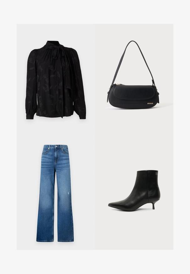 Schwarze Bluse mit hohem Kragen und Bindedetail. Beinhaltet ein dezentes Blumenmuster und gepuffte lange Ärmel mit gerafften Manschetten. Glatte Textur.; Weite blaue Denim-Jeans mit einem leichten Verblassen, ausgestattet mit fünf Taschen und einem Standardbund mit Knopfverschluss. Sanfte Textur.; Schwarzer Leder-Knöchel-Stiefel mit spitzer Spitze und niedrigem Kittenabsatz vor hellem Hintergrund, seitliche Ansicht.; Schwarze Lederschultertasche mit geschwungener Klappe, goldenem "HUGO" Logo auf der Vorderseite und einem verstellbaren Riemen.