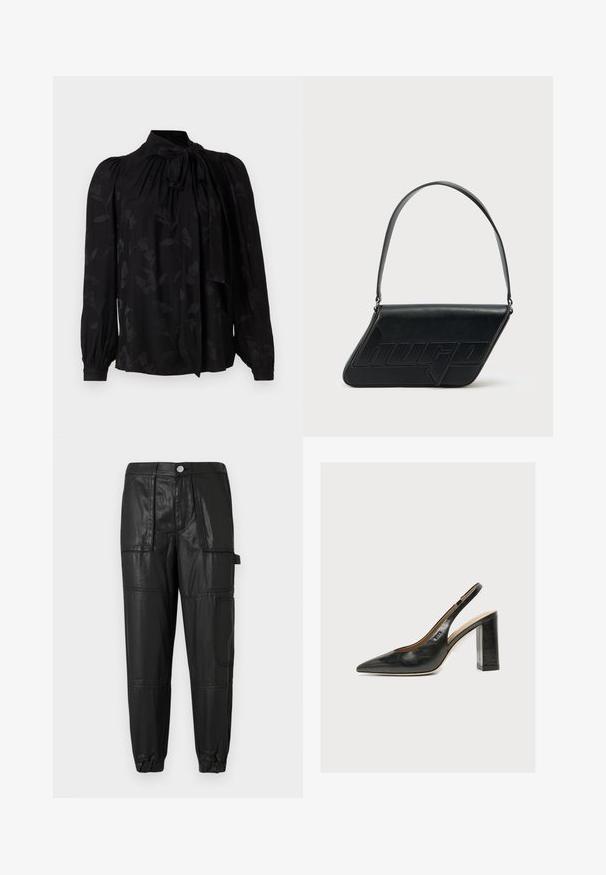 Schwarze Bluse mit hohem Kragen und Bindedetail. Beinhaltet ein dezentes Blumenmuster und gepuffte lange Ärmel mit gerafften Manschetten. Glatte Textur.; Schwarze Lederhosen mit elastischem Bund, schmal zulaufenden Säumen und mehreren Taschen. Der Stoff hat eine leicht glänzende Oberfläche.; Schwarzer Leder-Damenslingback-Schuh mit spitzer Zehenpartie und dickem hohem Blockabsatz vor weißem Hintergrund.; Schwarze Leder-Umhängetasche mit dreieckiger Form, geprägt mit Logo und einem einzigen verstellbaren Riemen. Minimalistisches Design mit glatter Textur.