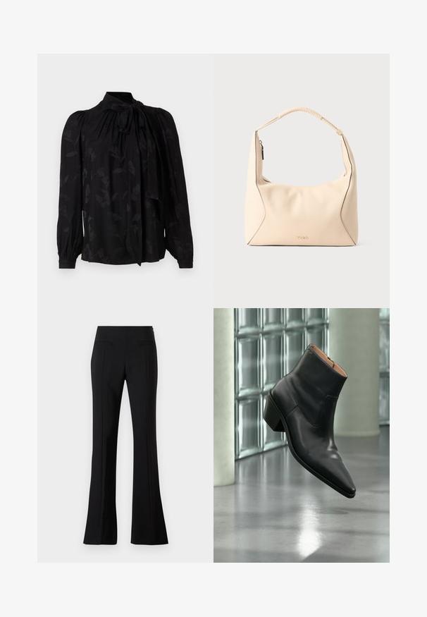 Blusa negra con un alto cuello y detalle de lazo. Presenta un sutil patrón floral y mangas largas abullonadas con puños fruncidos. Textura suave.; Pantalones acampanados negros hechos de una tela suave con una cintura alta, que cuentan con dos bolsillos traseros y una línea en el frente de cada pierna.; Botín de piel negra con puntera puntiaguda y tacón cuadrado que levita sobre un suelo gris reflectante cerca de una pared de bloques de cristal.; Bolso de mano de cuero color crema con asa trenzada y cremallera dorada, con un sutil logo "HUGO" en relieve en el centro delantero.