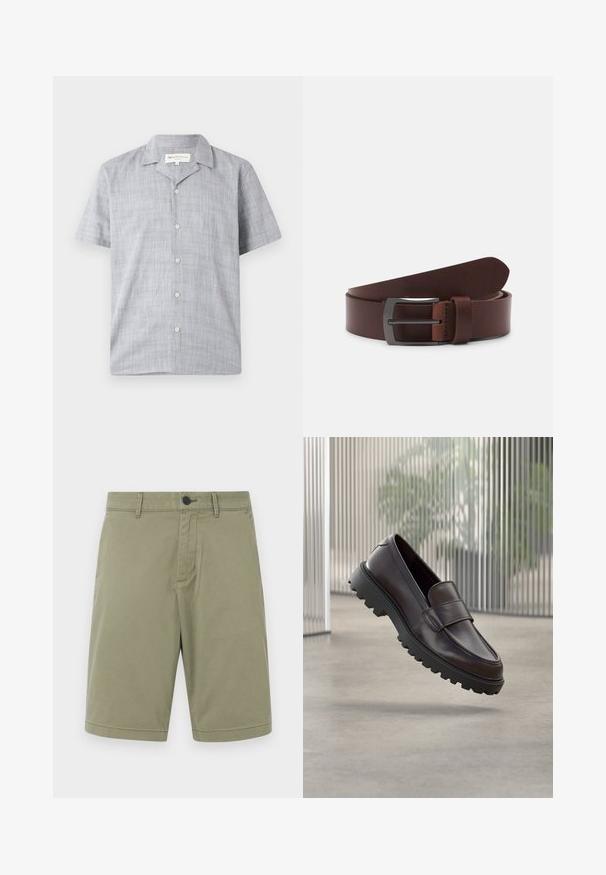 Chemise à manches courtes de couleur gris clair, en tissu texturé. Dotée d'un col, de six boutons et d'une coupe décontractée.; Shorts en kaki en coton, dotés de passants de ceinture, d'un bouton avant et d'un design à l'avant plat avec une finition soignée et sans poches.; Chaussure à enfiler en cuir marron avec un bout rond et une semelle en caoutchouc noire robuste. Présente une bride décorative traversant le coup de pied.; Ceinture en cuir brun avec une texture lisse, dotée d'une pointe courbée et d'une boucle métallique rectangulaire au fini sombre.