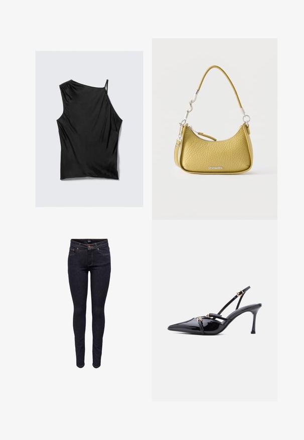 Zwart one-shoulder top van soepel stof, met een slanke silhouet en een geplooid detail op de schouder. Inclusief verstelbare band.; Donkerblauwe slim-fit spijkerbroek met knopen aan de voorkant en zakken, zichtbare stiksels en een merklint op de tailleband.; Zwarte lakleren pumps met puntige neus, sleehak, dunne bandjes en kleine, goudkleurige gespsluitingen op een witte achtergrond.; Kleine gele handtas met structuur, gebogen ritssluiting aan de bovenkant, kort golvend handvat, afneembare riem en een zilveren Steve Madden-logo.