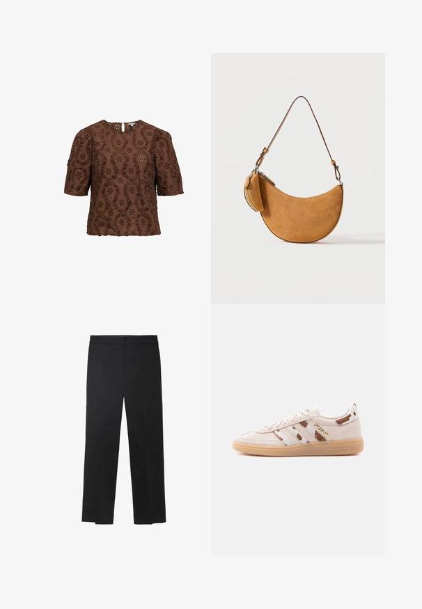 Braune Kurzarmbluse mit Blumenstickerei und strukturierten Mustern, mit einem Schlüssellochausschnitt hinten mit Knopfverschluss.; Schwarze Hose aus glattem Stoff, mit geradem Bein, Gürtelschlaufen und zwei Vorder Taschen. Maßgeschneidertes Design mit klaren Linien.; Beiger Sneaker aus Wildleder mit niedrigem Schaft, Gummisohle, braun-weiß gestreiftem Muster und "SPEZIAL" in goldenen Buchstaben an der Seite.; Dunkle Wildleder-Handtasche in Halbmondform mit dünnem verstellbarem Schulterriemen und kleinem seitlich angebrachtem Reißverschlussfach, vor einfarbigem Hintergrund.