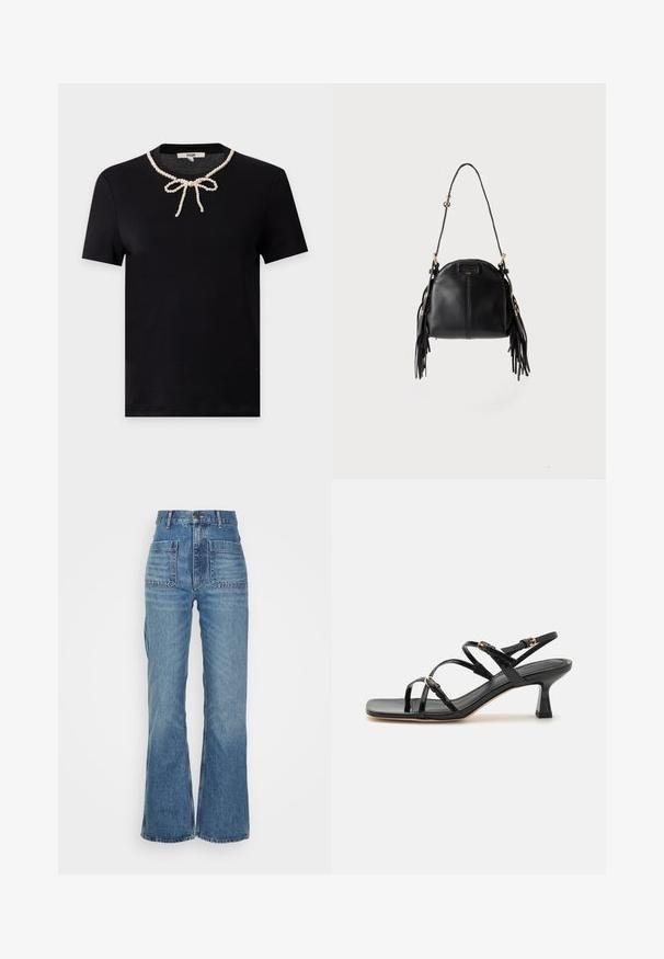 Schwarzes T-Shirt mit kurzen Ärmeln und rundem Ausschnitt, das ein dekoratives Perlenketten-Design zeigt, das vorne zu einer Schleife gebunden ist.; Hoch taillierte blaue Jeans aus Denim mit weitem Bein, zwei Fronttaschen und zwei Gesäßtaschen; strukturiert mit einem ausgewaschenen Look.; Schwarze lackierte Riemchensandalen mit quadratischer Zehenpartie und niedrigem Blockabsatz. Ausgestattet mit vergoldeten Beschlägen und verstellbaren Knöchelriemen.; Schwarze Lederhandtasche mit geschwungener Form, langem verstellbarem Riemen und Fransen an beiden Seiten vor hellem Hintergrund.