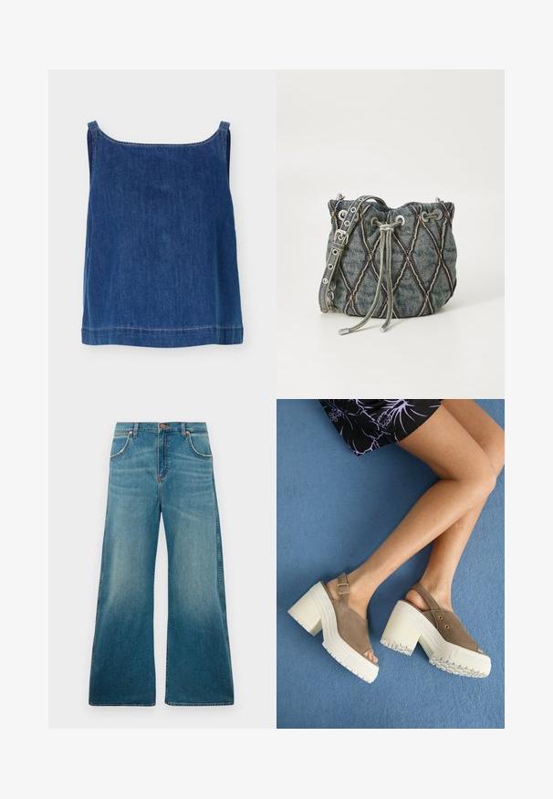 Top sin mangas de mezclilla azul con tirantes anchos, escote recto y costuras blancas visibles a lo largo de los bordes.; Jeans de mezclilla azul de tiro alto con perneras anchas, bolsillos frontales, cierre de botón y un degradado de color desgastado que va desde la cintura hasta el dobladillo.; Sandalias de plataforma de ante marrón con tacones gruesos blancos, que presentan una correa de tobillo ajustable y acentos dorados. Suela de goma texturizada para un buen agarre.; Bolso tipo cubo de denim con patrón de rombos acolchado, cierre de cordón gris, acentos metálicos plateados y textura suave, que cuenta con una correa removible.