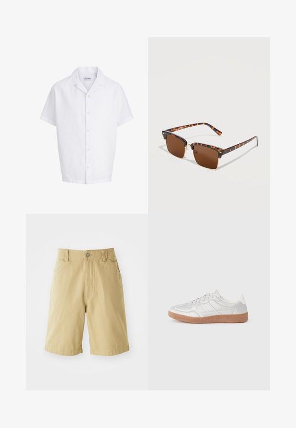 Chemise blanche à manches courtes, boutonnée, avec col camp, ourlet droit et étiquette visible à l'intérieur du col portant la mention JACK & JONES.; Shorts kaki en coton, avec une fermeture éclair, une patte de boutonnage, deux poches latérales et une coupe décontractée. Texture lisse, design à longueur de genoux.; Baskets argentées avec une texture lisse, un design à lacets, des accents perforés et une semelle en caoutchouc marron texturé.; Lunettes de soleil carrées écaille de tortue avec verres marron et fines accents en métal doré, présentées sur une surface blanche.