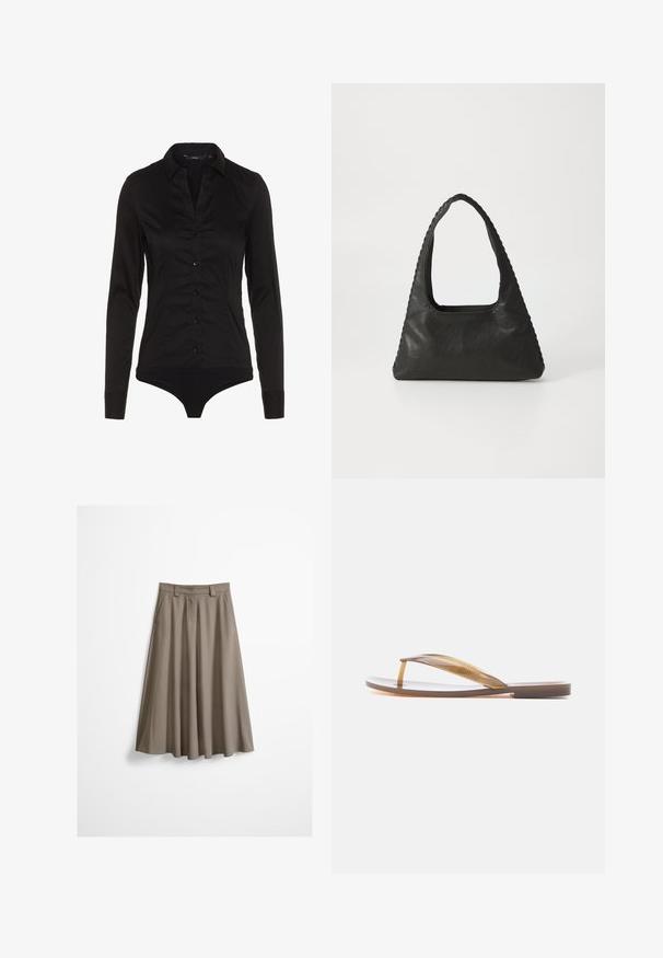 Bodysuit noir à manches longues avec un col, patte de boutonnage à l'avant et design ajusté. Fabriqué en tissu lisse avec une finition élégante.; Jupe midi trapèze taupe avec passants de ceinture et fermeture dissimulée à l’avant, présentée sur fond blanc.; Tongs translucides marron unique avec semelle plate et bride entre les orteils, vue de côté sur fond blanc.; Sac à main en cuir noir de forme triangulaire, avec une grande poignée découpée et des coutures détaillées le long des bords. Texture lisse.