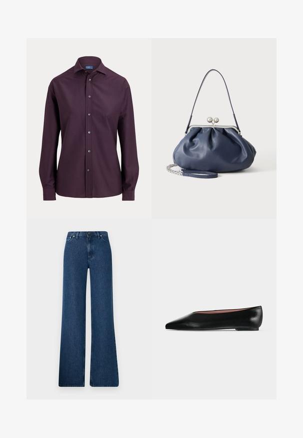 Dunkellila Langarmhemd mit Standardkragen und sichtbaren Knöpfen vorne auf hellem, einfarbigem Hintergrund.; Blaue Denim-Bootcut-Jeans mit hoher Taille, fünf Taschen-Design und Metallknopfverschluss. Glatte Textur, lässiger Stil und minimale Nähte.; Schwarzer flacher Damenleder-Schuh mit spitzer Kappe und niedrigem Absatz, von der Seite auf einfarbigem hellgrauem Hintergrund gezeigt.; Weiche navyblaue Ledertasche mit silberner Verschlussklammer, einem einzelnen Schulterriemen und abnehmbarem Ketten-Handgelenksriemen auf weißem Hintergrund.