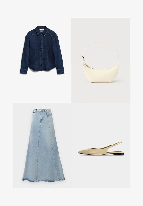 Donker denim overhemd met knopen, voorzien van een klassieke kraag, lange mouwen en decoratieve stiksels, met zijzakken en een iets gebogen onderkant.; Lichtblauwe denim rok met een vloeiende A-lijnvorm, voorzien van een voorknopsluiting, riemlussen en zichtbare stikseldetails.; Beige platte slingback schoen met puntige neus, lage zwarte hak en een glad leren afwerking, zijaanzicht op een effen achtergrond.; Kleine, maansikkelvormige handtas van roomkleurig leer met een enkele riem en een ritssluiting aan de bovenkant, afgebeeld op een effen achtergrond.