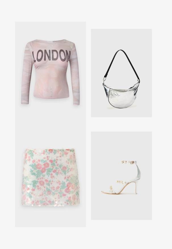 T-shirt à manches longues avec un motif abstrait rose clair et "LONDON" imprimé en lettres noires en gras sur la poitrine. Tissu extensible.; Tissu blanc à motif floral avec des fleurs pastel roses et vertes, présentant une surface texturée et de légers sequins le long du bord inférieur.; Sandale à talon transparent avec des brides transparentes ornées de clous dorés, talon fin et design ouvert à l'avant avec une finition lisse et brillante.; Sac d’épaule métallique argenté en forme de croissant avec sangle noire réglable et fermeture éclair sur fond clair uni.