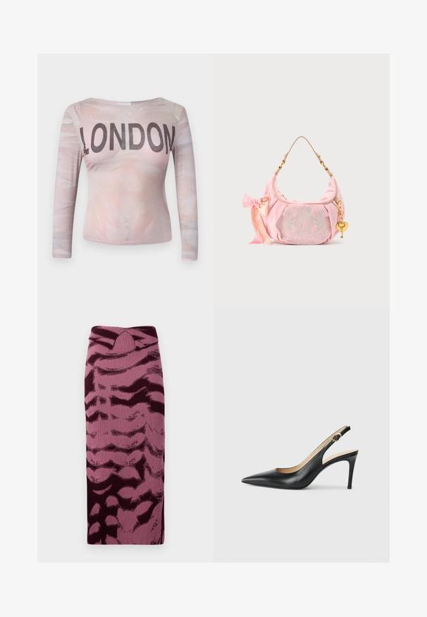 Langærmet top med et lyserødt abstrakt mønster og "LONDON" trykt i fede sorte bogstaver over brystet. Strækbart stof.; Strikket blyantskirt i nuancer af pink og burgunder, med ribbet tekstur og abstrakt mønster. Høj talje med en subtil vridning.; Sorte læder slingback højhælede sko med spids tå, justerbar rem og en slank stiletto hæl, der har en glat finish.; Pink Juicy Couture fløjls skuldertaske med guldkæde, hjerteformet nøglevedhæng, broderet logo og pink satin sløjfe detalje.