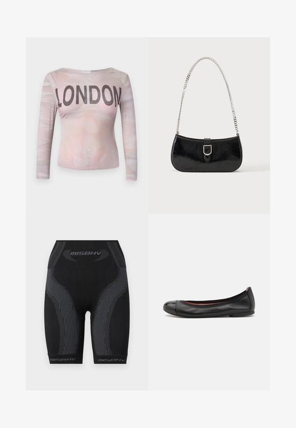 T-shirt à manches longues avec un motif abstrait rose clair et "LONDON" imprimé en lettres noires en gras sur la poitrine. Tissu extensible.; Shorts de sport noirs avec une coupe ajustée, un tissu texturé, des rayures verticales grises et le logo "MISBHV" au bas.; Ballerines en cuir noir avec un bout arrondi et un détail en cap brillance. Présentent une texture lisse et des coutures subtiles le long du bord supérieur.; Sac à épaule en cuir verni noir avec détail de boucle argentée et bandoulière en chaîne argentée, présenté sur un fond uni clair.