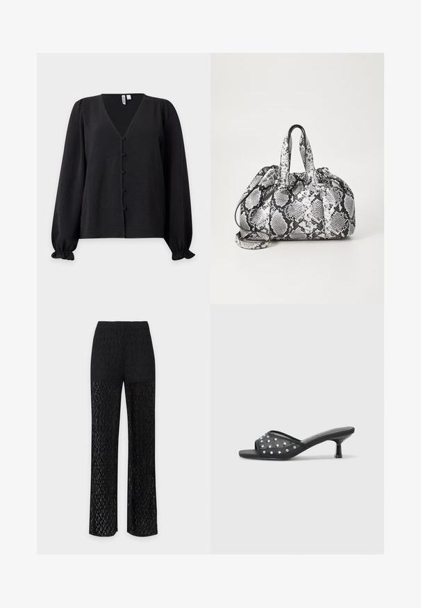 Blouse noire à manches longues avec col en V, boutons recouverts de tissu sur le devant, manches bouffantes et poignets élastiques à volants.; Pantalon en dentelle noire taille haute avec doublure opaque sur le haut et larges jambes transparentes s'étendant du milieu de la cuisse jusqu'à l'ourlet.; Sandale à talon bas ouverte noire avec un tissu transparent orné de clous décoratifs transparents et une semelle lisse.; Sac à main en motif peau de serpent noir et blanc avec deux poignées, une fermeture à cordon et une bandoulière amovible. Texture lisse.