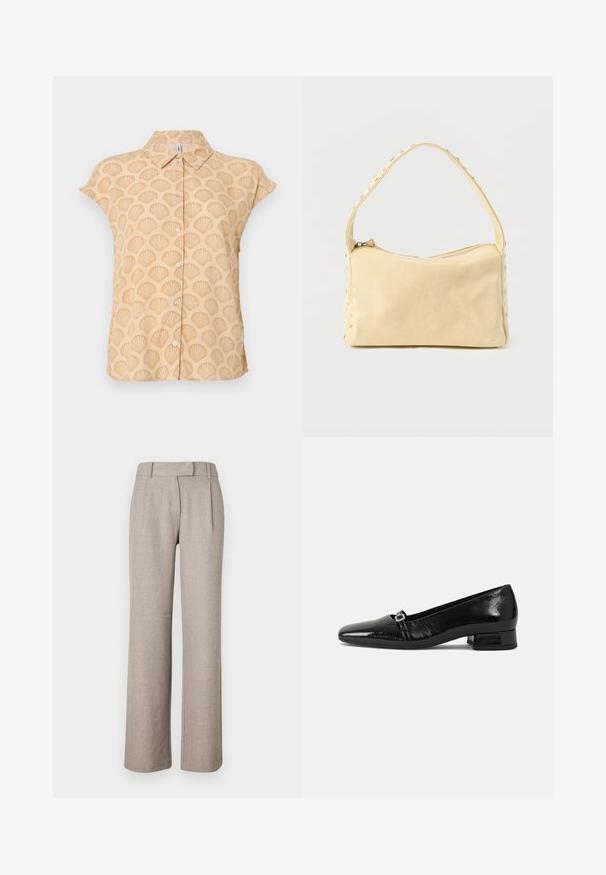 Camisa de manga corta en tela beige clara con patrón de conchas en relieve, que presenta un cuello puntiagudo y cierre frontal con botones.; Pantalones beige a medida de una tela texturizada, con un diseño de pierna recta y plisados en la parte delantera. Sin hardware ni patrones visibles.; Bailarinas de charol negro con punta afilada, tacón cuadrado bajo y un pequeño detalle de hebilla metálica en la correa. Textura suave.; Pequeño bolso de cuero beige con una sola correa y tachuelas plateadas a lo largo de los bordes y la correa, sobre un fondo liso.