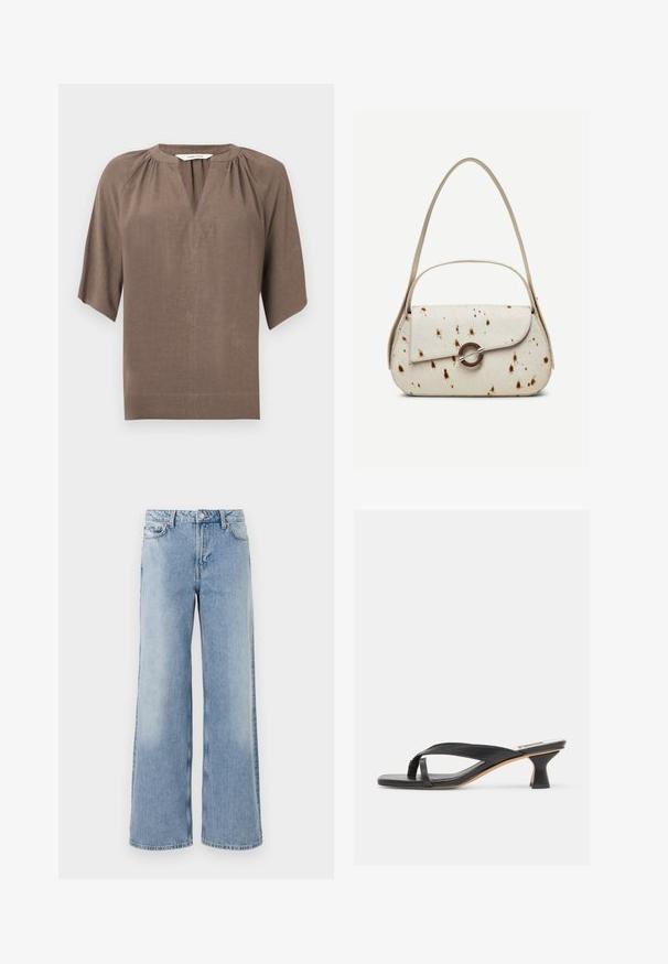 Braune kurzärmelige Bluse mit V-Ausschnitt, plissierten Details an den Schultern und lockerem Schnitt. Hergestellt aus einem glatten, leichten Stoff.; Hellblaue weit geschnittene Jeans mit einem verblassten Waschung, fünf Taschen, Knopfverschluss und geraden Säumen. Hergestellt aus Denim mit einer glatten Textur.; Schwarze Leder-Sandalette mit Riemen und einzigartigem geschwungenem Kittenabsatz auf neutralem Hintergrund.; Handtasche in Cremefarben mit braunen Sprenkeln, gebogenem Überschlag mit rundem Metallverschluss, ausgestattet mit zwei dünnen Riemen, einer längeren für die Schulter.