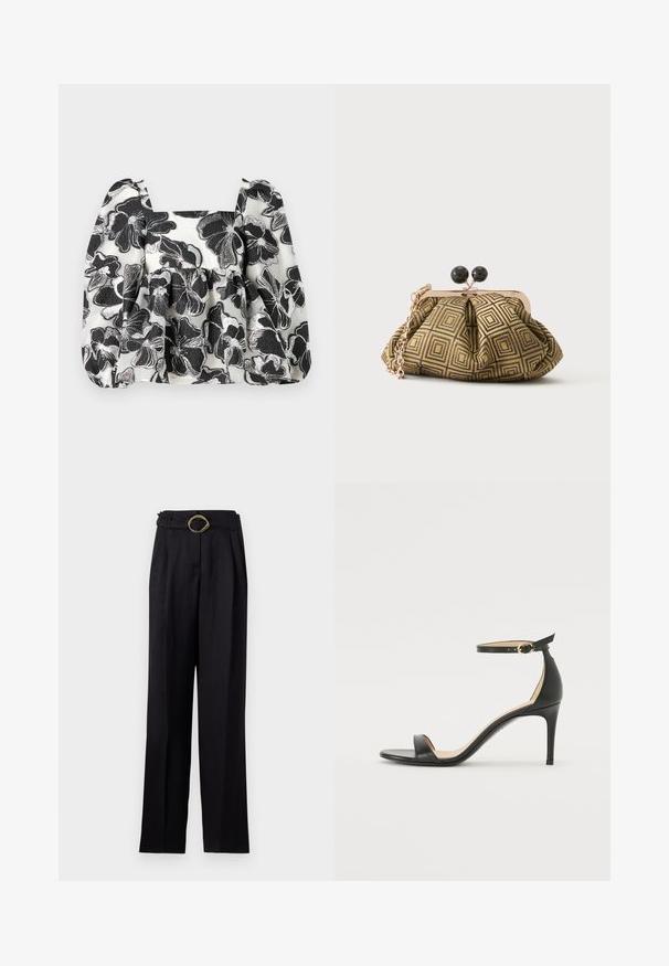 Blouse florale noir et blanc avec des manches bouffantes, un décolleté carré, un tissu texturé et des accents en fil métallique, créant une apparence superposée.; Pantalon noir taille haute avec une coupe évasée, décoré d'une boucle en or tordue sur la ceinture. Tissu lisse avec un léger brillant.; Sandale à talons hauts en cuir noir avec une lanière de cheville. Présente une texture lisse, un bout ouvert et un talon fin. Détail de boucle en ton doré.; Petite pochette avec motif géométrique doré et noir, cadre en métal doré, fermeture à boule noire et une courte chaîne dorée.