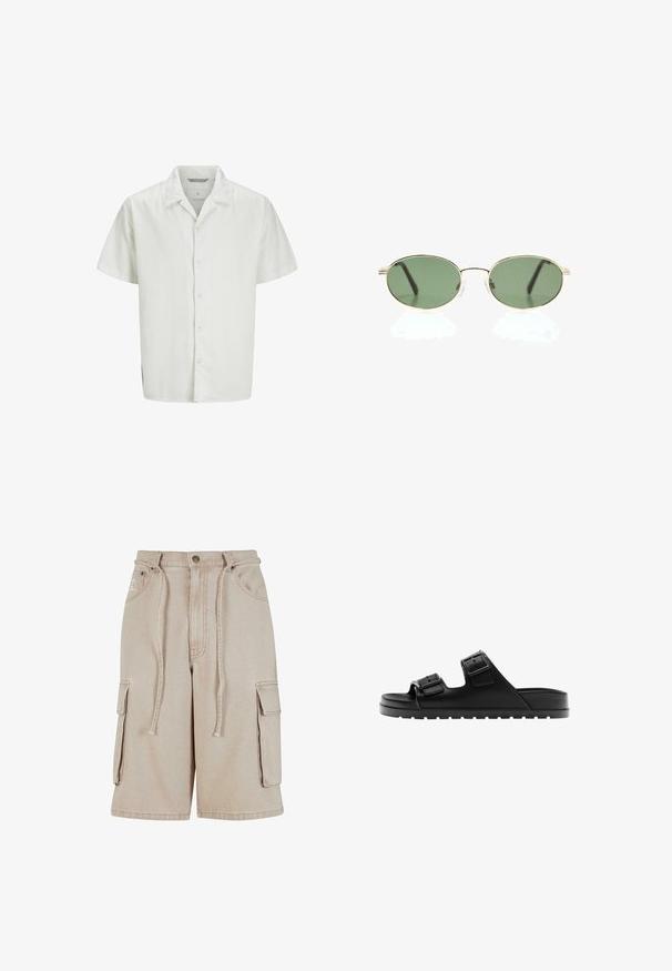 Lyhythihainen valkoinen nappikauluspaita, joka on valmistettu kevyestä kankaasta. Paidassa on leiri kaulus ja suora malli, jossa on hienovaraisia ompeluyksityiskohtia.; Beige cargo shorts yang terbuat dari katun dengan pinggang tali, dua saku samping, dan satu saku samping, menampilkan detail jahitan yang terlihat.; Musta avojalkaisen liukusandaalin, jossa on kaksi säädettävää solkihihnaa ja kuvioitu pohja pitävyyttä varten, esitetty sivuprofiilissa.; Ovaalinmuotoiset aurinkolasit, joissa ohut kullanvärinen metallikehys ja vihreät, sävytetyt linssit valkoisella taustalla.