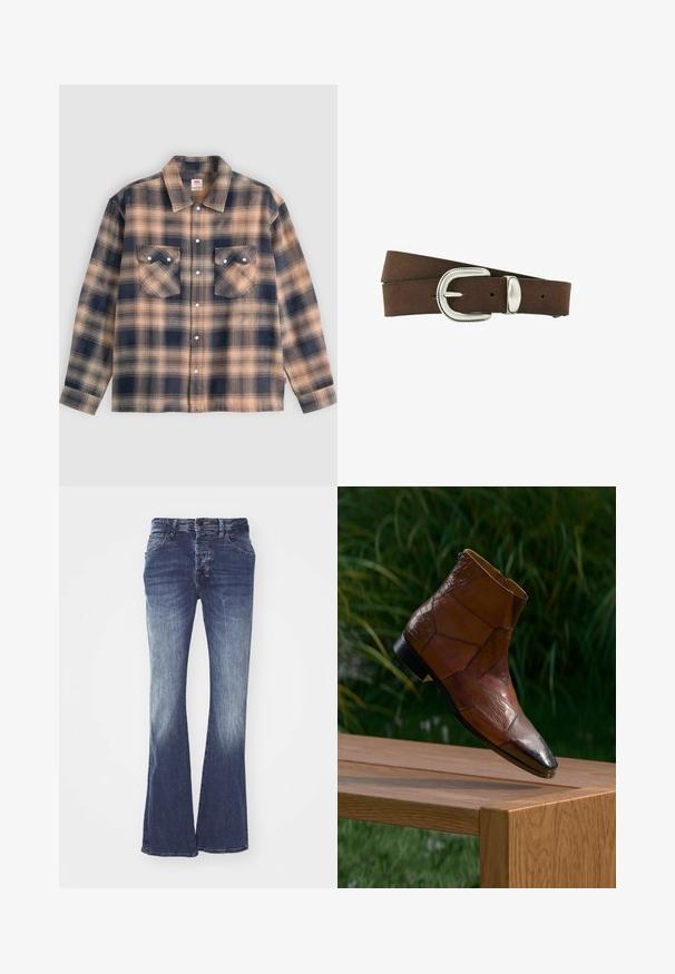 Langärmelige karierte Hemdjacke in Beige und Dunkelblau mit zwei aufgesetzten Taschen vorne und weißen Druckknöpfen in der Mitte.; Ausgestellte blaue Jeans aus Denim mit mittelhohem Bund, die von dunkel zu hell verblassen. Sie verfügen über fünf Taschen und einen Knopfverschluss.; Brauner Lederstiefel mit Patchwork-Design und schwarzer Spitze, schwebt über einer Holzbank im Freien.; Reiss JONNY WESTERN - Gürtel - chocolate brown
