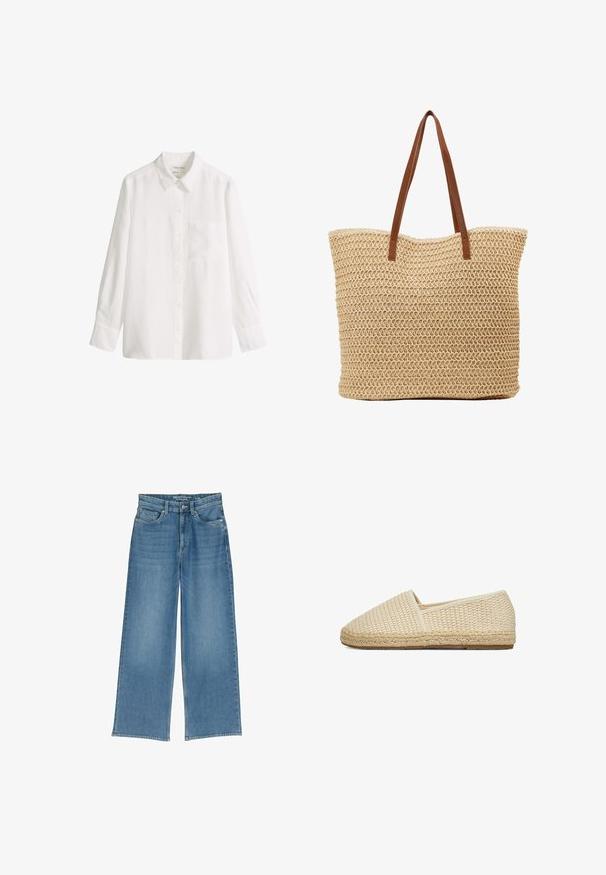 Hvid langærmet skjorte med knapper, krave og brystlomme, lavet af ren hør, vist mod en hvid baggrund.; Lyseblå jeans med bred benvidde og høj talje, fem lommer og synlig syning; stoffet har en let struktureret overflade.; Beige vævede slip-on sko med et tekstureret design, rundet tå og kontrasterende sømdetaljer langs kanten. Flad gummisål for fleksibilitet.; Vævet stråtaske i cylindrisk form, med en lys beige farve, struktureret overflade og brune kunstlæderremme.