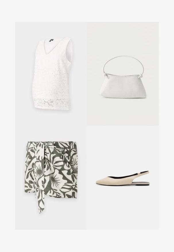 Haut de grossesse en dentelle blanche avec un col en V, design sans manches, motifs floraux et coupe ajustée mettant en valeur la silhouette.; Jupe portefeuille à motif floral vert et blanc avec une ceinture à nouer, en tissu léger, présentant une coupe décontractée et des plis sur le côté.; Ballerines à talon open-back en cuir beige avec un bout pointu, un design minimaliste, une texture lisse et une semelle noire basse.; Sac à main en cuir tressé blanc avec poignée arrondie et extrémités de lanière nouées, présenté sur un fond uni.