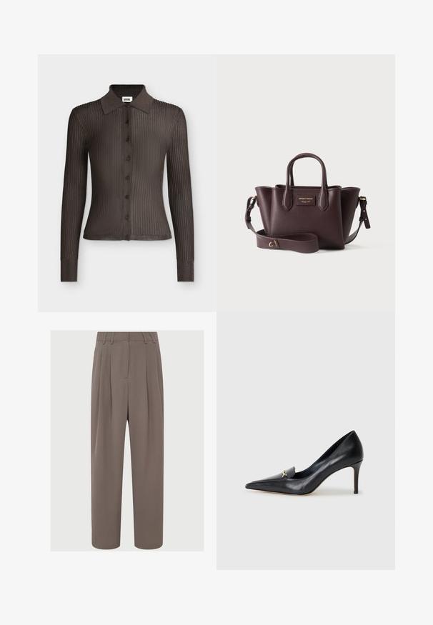 Camisa de manga larga marrón oscuro con botones, de tejido acanalado, cuello puntiagudo y silueta entallada.; Pantalones plisados marrones de cintura alta, con un tejido elegante, diseño de pierna ancha y bolsillos laterales, que cuentan con una textura suave y ligera.; Zapato de piel negra con punta afilada, escote bajo y un detalle decorativo dorado. Cuenta con un tacón de aguja y textura suave.; Bolso de cuero marrón oscuro con doble asa, correa de hombro ajustable y placa de logotipo dorada en el centro frontal.