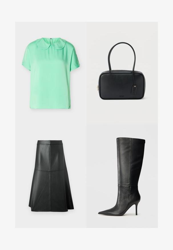 Blouse à manches courtes vert menthe avec col rond Peter Pan et fermeture à boutons au dos, présentée sur un fond blanc.; Jupe trapèze en cuir noir, texture lisse, longueur mi-mollet, avec des détails de couture horizontale à la taille et aux coutures pour un maintien supplémentaire.; Botte noire en cuir, hauteur genou, avec bout pointu et talon aiguille fin, texture lisse, profil latéral sur fond neutre.; Sac à main rectangulaire noir avec doubles poignées arrondies, fermeture éclair dorée et logo "HUGO" embossé sur le devant avec une étiquette en cuir attachée.