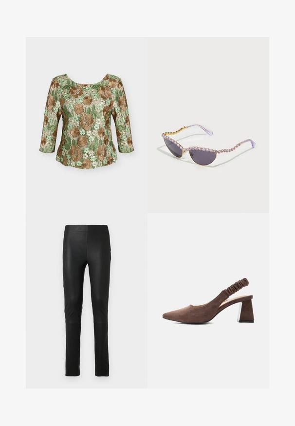 Blusa beige translúcida con bordado floral marrón y verde, escote de barco y mangas de tres cuartos.; Leggings negros hechos de un tejido liso y elástico. Diseño ajustado con una textura suave. Presentan detalles de costura en las rodillas.; Zapato slingback de ante marrón con puntera puntiaguda, tira elástica fruncida y tacón de bloque sobre fondo blanco.; Gafas de sol tipo cat-eye con lentes oscuros, brazos transparentes en lavanda y una fila de piedras de rhinestones moradas a lo largo del borde superior y la patilla.