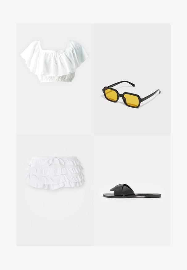 Blusa blanca corta con mangas rizadas, escote cuadrado y dobladillo elástico. Presenta sutiles detalles florales bordados.; Falda de baño blanca con volantes y múltiples capas, que presenta una cintura con cordón para ajustar. Tela suave con una textura lisa.; Sandalia negra sin hebillas con tiras cruzadas. Fabricada en cuero suave con una suela plana y costuras mínimas. Diseño simple de punta abierta.; Gafas de sol negras rectangulares con lentes amarillos. Presentan montura gruesa y un diseño angular con un acabado liso y brillante.
