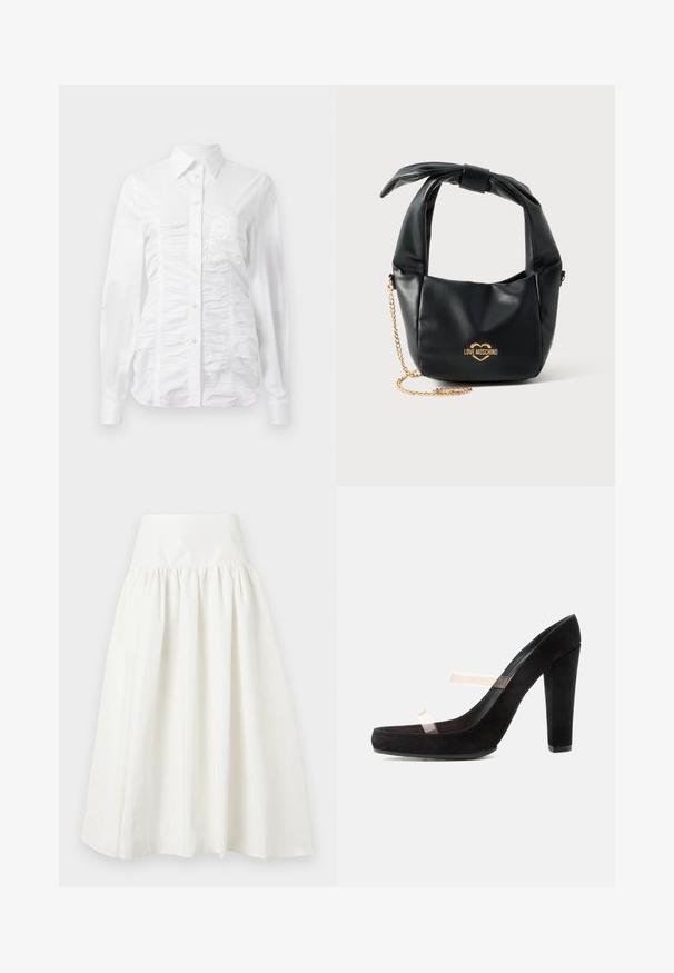 Chemise blanche à manches longues avec un texture froncée sur le devant, petits boutons dorés et col standard.; Jupe midi blanche taille haute avec un tissu froncé sous la ceinture et une silhouette évasée et fluide.; Chaussure à talon haut noire avec un talon bloc et deux brides transparentes à l’avant sur fond blanc.; Sac à main Love Moschino en cuir noir souple avec poignée nouée et bandoulière chaîne dorée sur fond blanc.