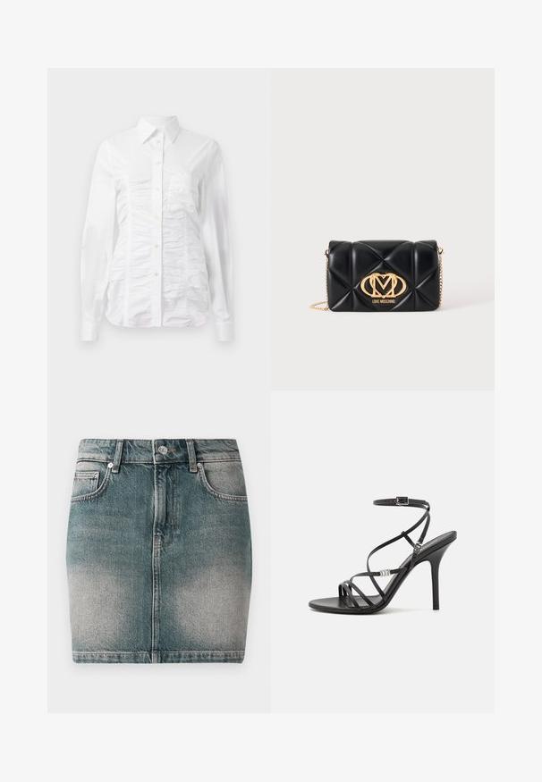 Weißes Hemd mit langen Ärmeln, das über eine geraffte Textur auf der Vorderseite, kleine goldene Knöpfe und einen klassischen Kragen verfügt.; Blaue Denim-Miniskirt mit vorderem Knopf und Reißverschluss, zwei Vordertaschen und einer ausgewaschenen Optik an den Oberschenkeln.; Schwarze High-Heel-Sandale mit dünnen Riemen, einem Knöchelverschluss, einer glatten Lederoberfläche und einem schlanken Stiletto-Absatz.; Schwarze, gesteppte Lederhandtasche mit goldener Kettenriemen und goldenem Love Moschino Logo vorne in der Mitte.