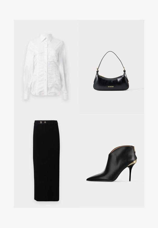 Hvid skjorte med lange ærmer, der har en rynket tekstur på fronten, små gyldne knapper og en klassisk krave.; AERON FORUM - Pencil skirt - black; Sort læder ankelstøvle med spids tå, stilet hæl, guldfarvet metalaccenter og lynlås bag på, på lysegrå baggrund.; Sort læder skuldertaske med guldfarvet lynlås og "LOVE MOSCHINO" logo foran, med et buet top håndtag.